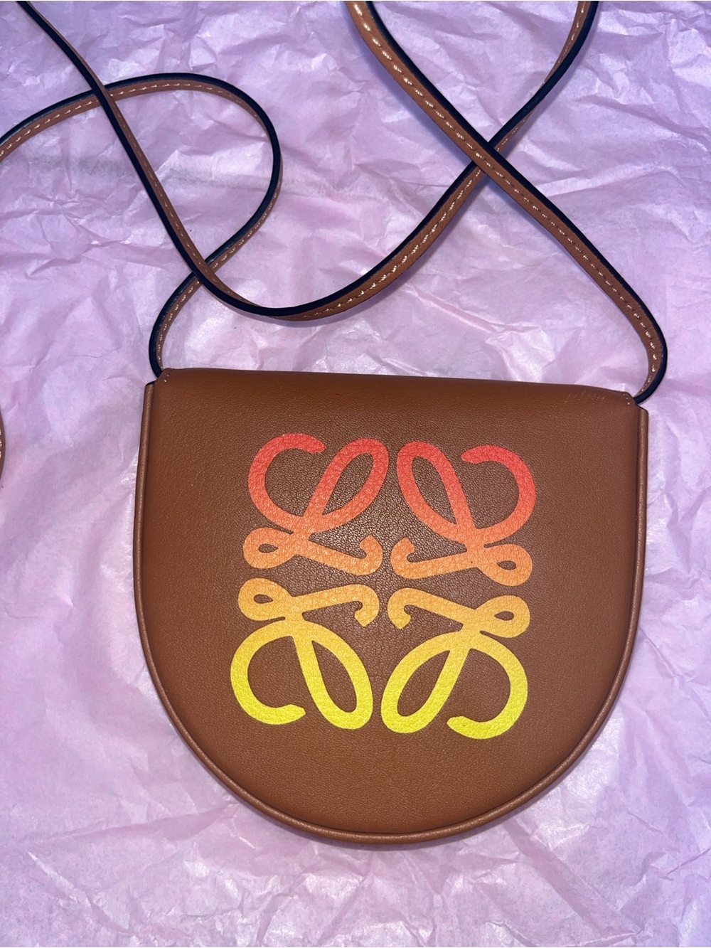 Loewe Brown Leather Heel Crossbody Bag with Red-Orange-Yellow Ombre Anagram